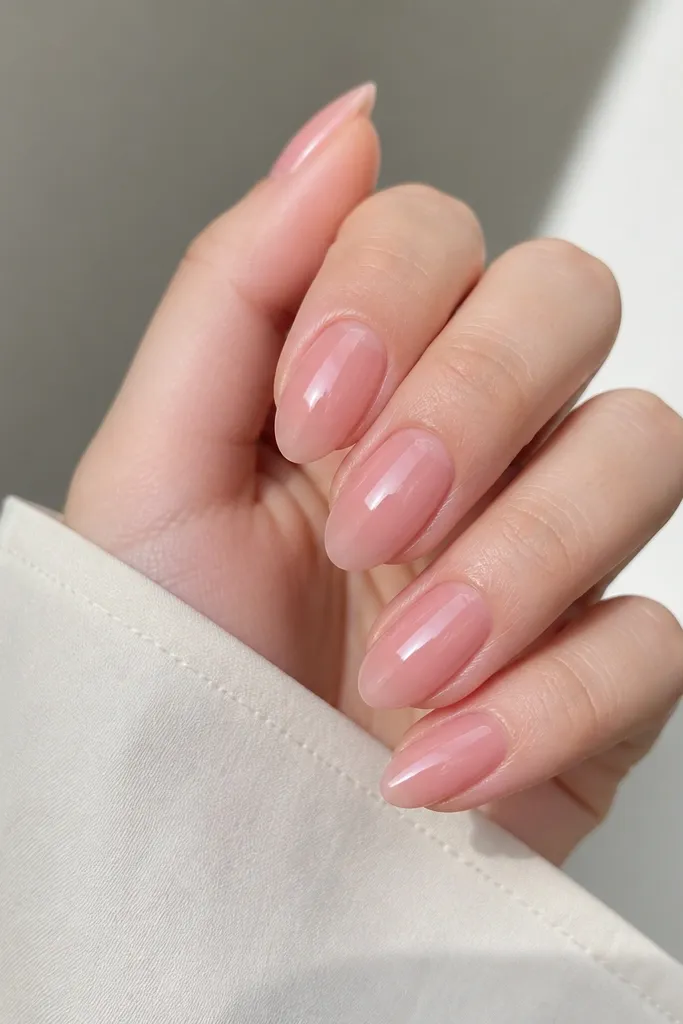 Medium-length almond nails coated in a cool rosy soft pink jelly polish. It looks semi-translucent with a wet, glass-like shine, no other nail art.