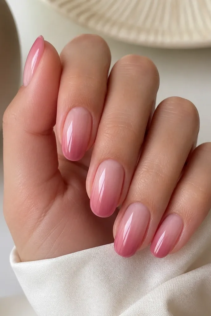 A set of medium oval nails with soft pink that deepens slightly toward the free edge. The cuticle area is lighter, and there's a smooth melt with no visible stripes, topped with glossy shine.
