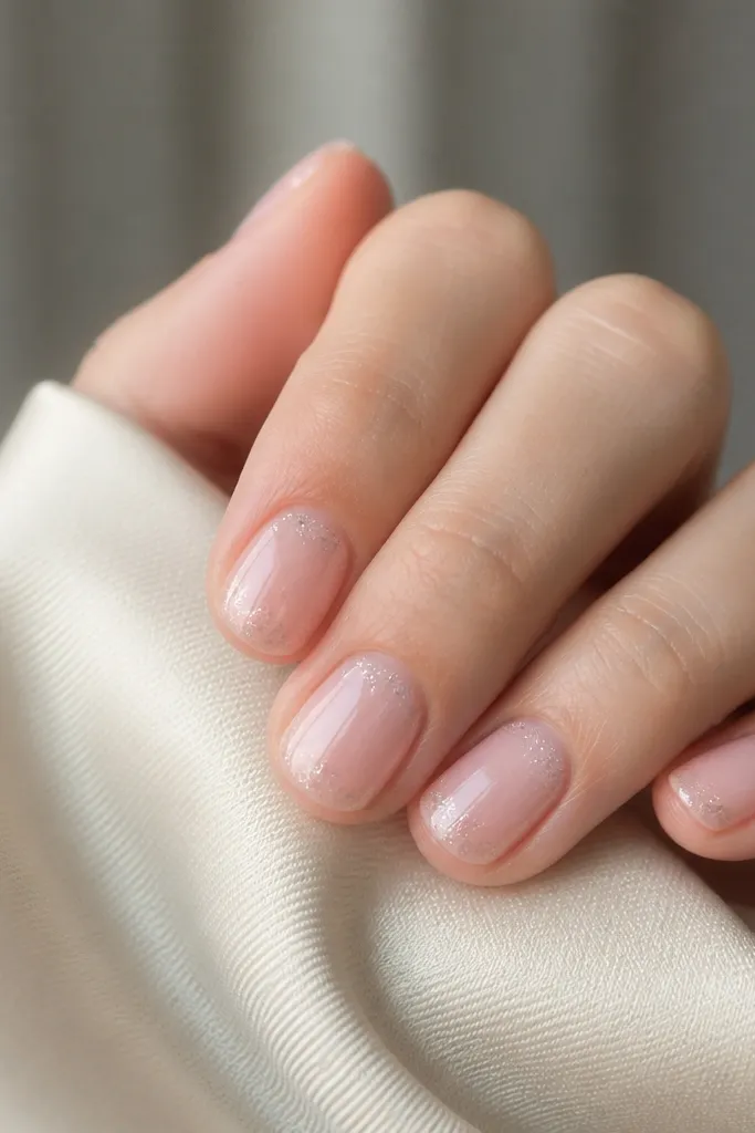 Short round nails with a sheer soft pink base. Only the top 20% of the nail near the tip has micro-glitter dust, fading out toward the center, with a glossy finish.