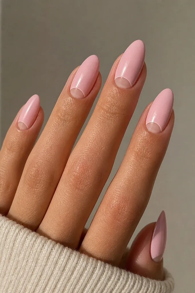 Medium almond nails with a soft pink base. The cuticle area has a crisp half-moon negative space, outlined subtly with a thin line, and the rest is glossy.
