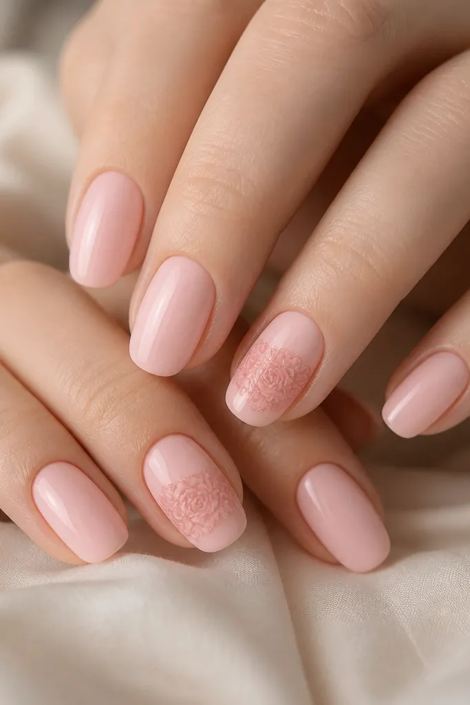 A set where most nails are solid soft pink gloss. Two accent nails show a rose-lace pattern stamped in slightly darker pink across the center, ending before the tip.