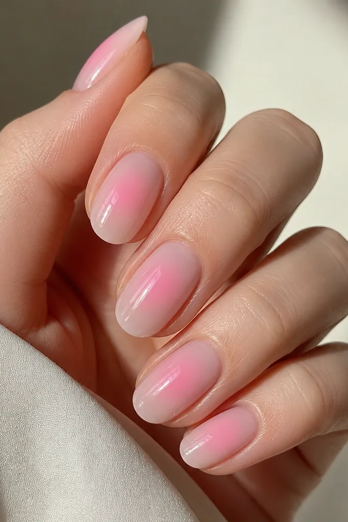 Oval nails with a sheer soft pink base. In the center of each nail, there is a slightly brighter soft pink "aura" circle that fades outward, with a smooth glossy finish.