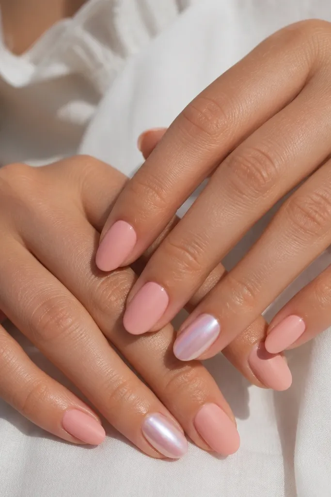 Most nails are matte soft pink. The ring fingers have a pearly chrome overlay that shifts from pink to silver under light, still on top of a soft pink base.