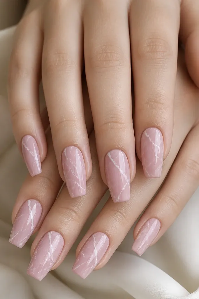 Medium coffin nails with a soft pink base and thin white marble veins. The veins are fine, spread across the nail center, and the finish is glossy.