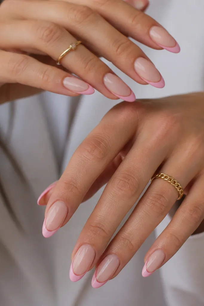 Almond nails with a sheer nude-soft pink base. The tip has two thin lines: one soft pink and one slightly darker pink, with a clear negative center strip between them.