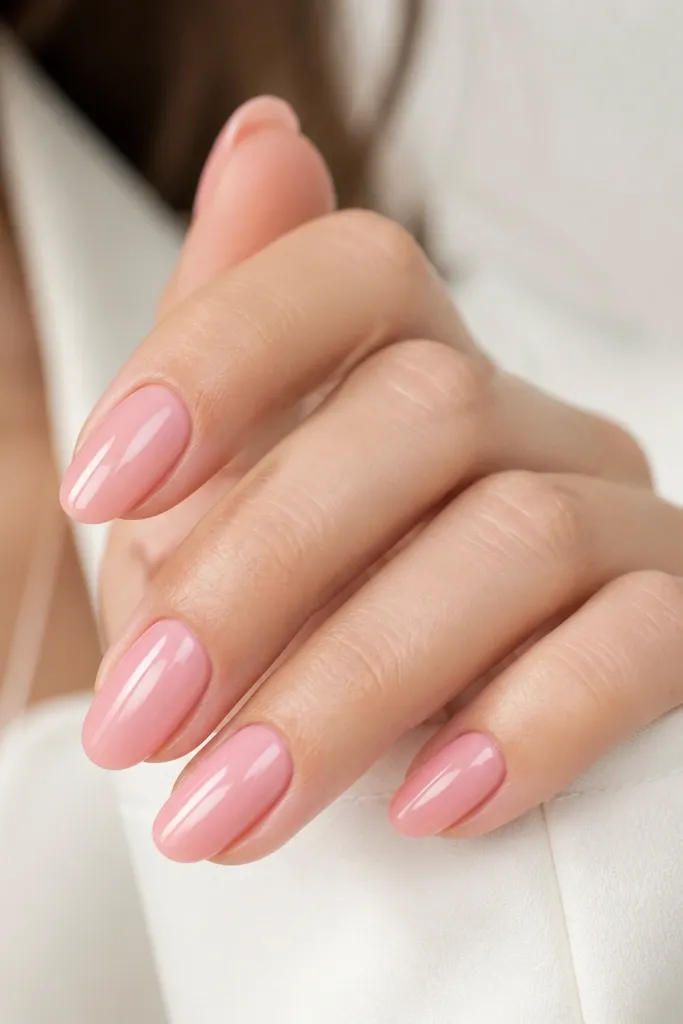 Glossy medium oval nails in soft pink with a slightly raised, sculpted shine in the center. The edges are smooth and the surface looks domed and reflective.