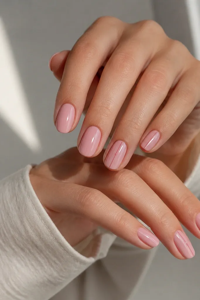 Most nails are solid soft pink gloss. On one nail per hand, there's a thin vertical stripe near the sidewall in a slightly deeper rosy pink, with a tiny dot at the middle.