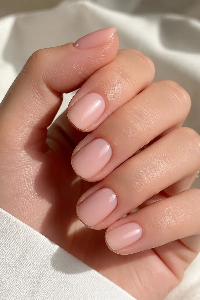 Five nails painted in a sheer baby blush pink; the surface looks mirror-glossy with no visible streaks or bumps; cuticles are clean and the nails are evenly shaped.