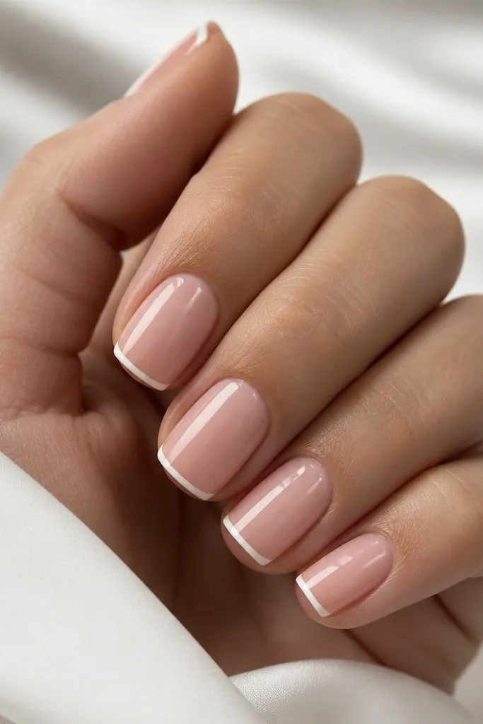 A nude-soft pink base with a very thin white French tip line; the line is straight and close to the tip edge; nails are glossy and neatly cleaned around the cuticles.