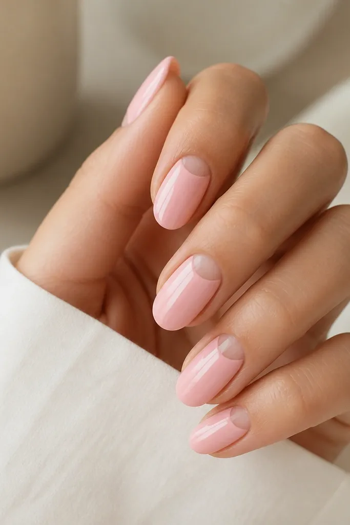 Soft pink nails with a clean half-moon cuticle area left bare in the center; the rest of the nail is a smooth blush pink; glossy finish.