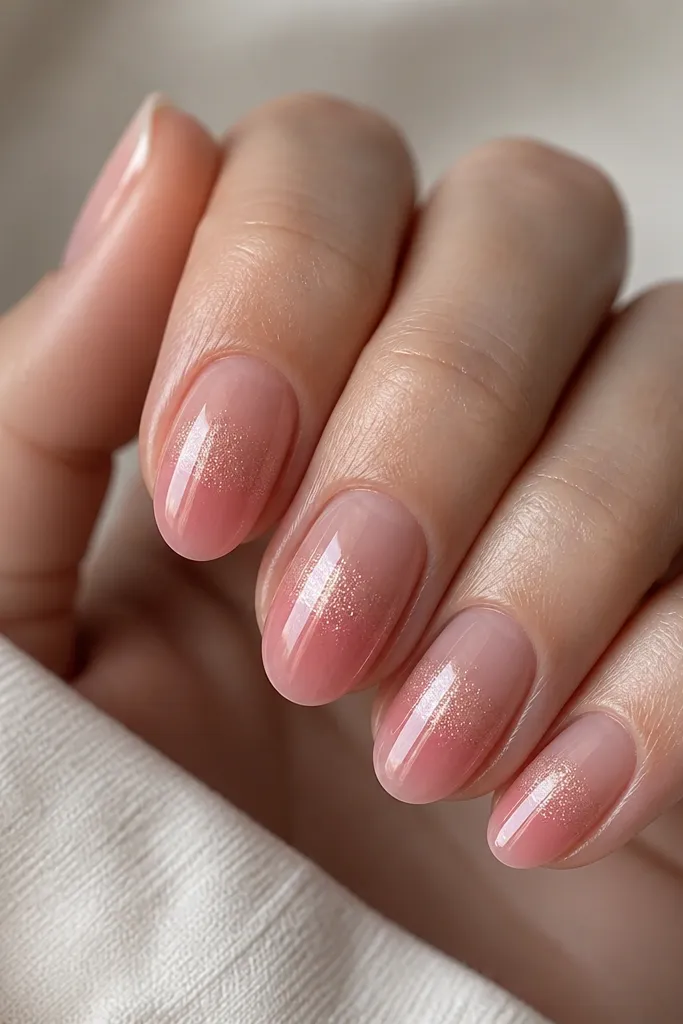Soft pink ombré that fades from sheer at the cuticle to slightly deeper pink toward the tip; a thin band of fine champagne shimmer sits in the middle of the nail; glossy top coat.