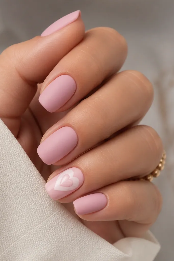 All nails are matte soft pink; one accent nail has a glossy small heart in the center made with white and blush tones; other nails remain flat-matte and clean.