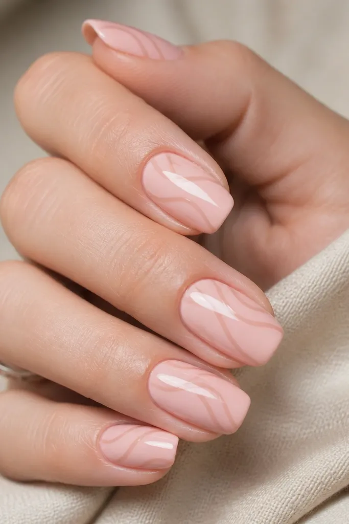 Soft pink base with thin nude-brown swirl lines running diagonally across the nail; the lines are crisp and glossy; no thick outlines.