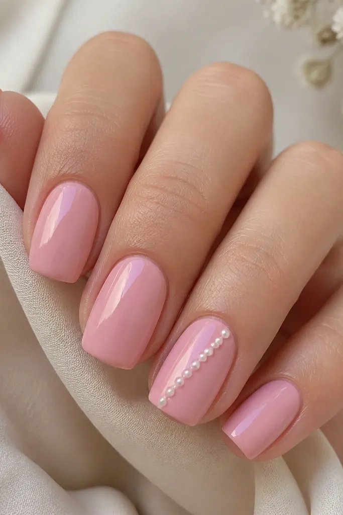Four nails are solid soft pink; one nail has a diagonal trail of tiny pearl-like dots from lower left to upper right; glossy top coat over all.