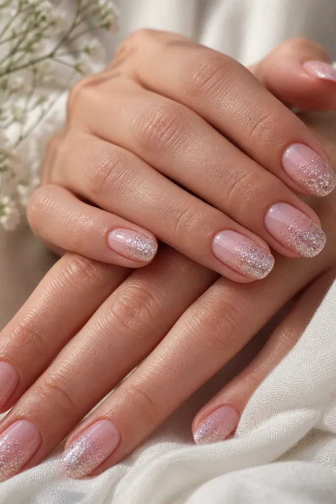 Soft pink nails with a glitter fade: the tips have dense fine glitter, fading to a subtle shimmer by mid-nail; glossy finish.