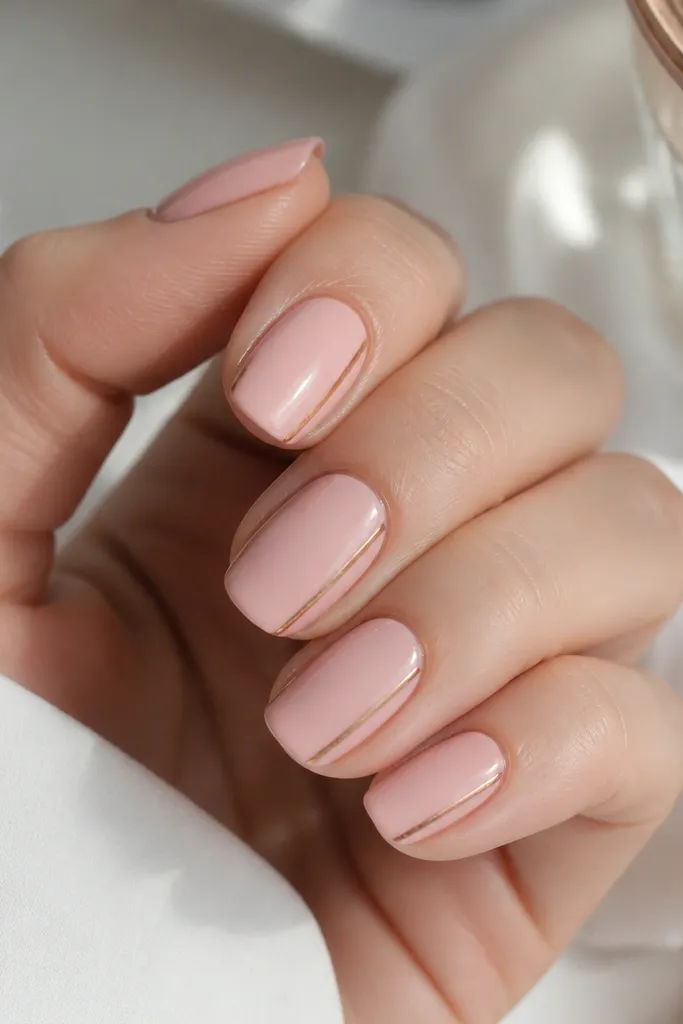 Solid soft pink nails with a single thin rose-gold line running down the sidewall of each nail; line is centered on the side and stays straight; glossy finish.