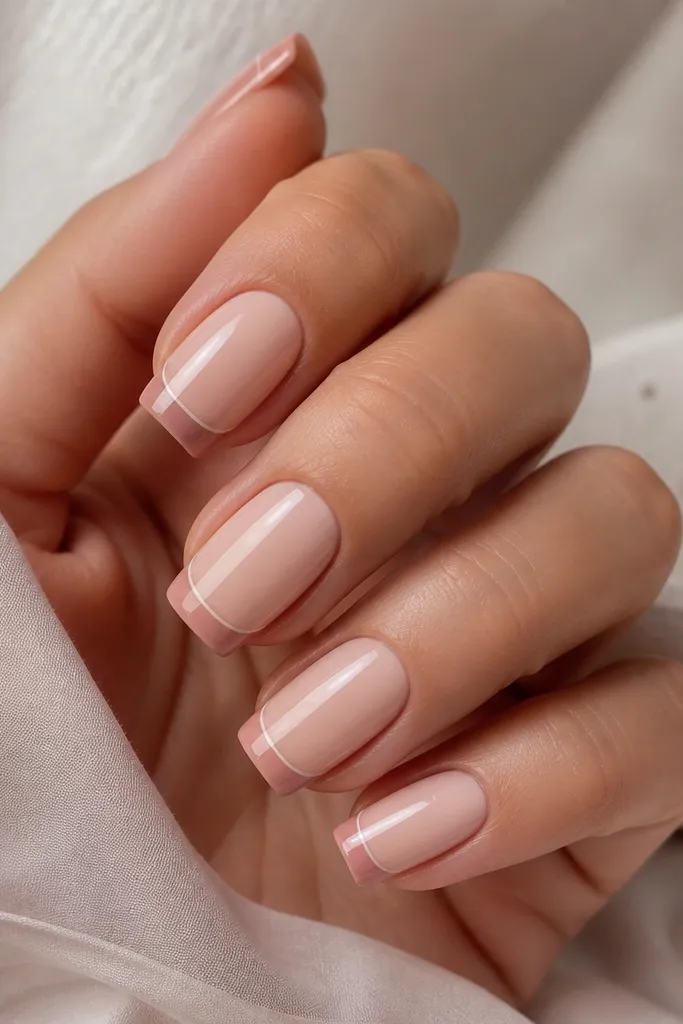 A nude-blush base with a French tip that is slightly darker blush; a very thin lighter border wraps around the tip edge; glossy finish.