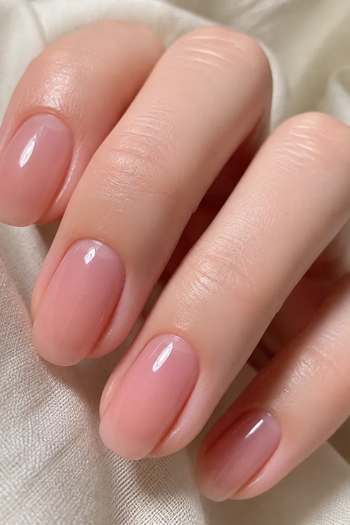 Soft pink nails that look like jelly: semi-translucent color with visible nail bed tone; smooth glossy finish; cuticles are crisp.