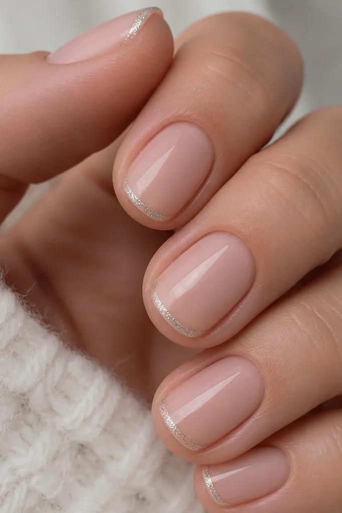 Close-up of short, rounded nails in a sheer blush pink. A thin French line runs at the tips in fine silver micro-glitter, with a smooth, glossy top coat and no glitter spill onto the skin.
