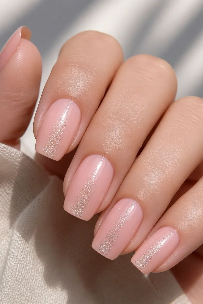 Medium-length squoval nails in soft pink. A diagonal-to-vertical glitter streak sits in the center of each nail, starting near the middle and tapering toward the tip, with a glossy finish.