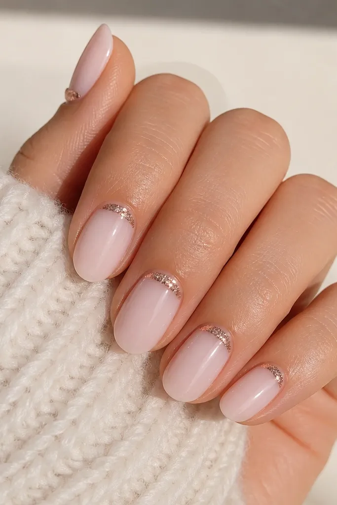 Short almond nails in milky soft pink. A half-moon of rose-gold micro-glitter sits near the cuticle on each nail, crisp and symmetrical, with a high-gloss top coat.