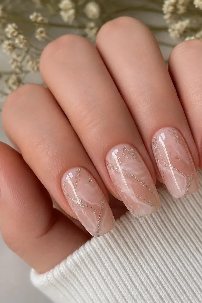 Medium-length nails with a translucent nude marble pattern in soft pink and pale cream. Thin glitter veins in fine silver run diagonally like cracks under glass, all sealed glossy.