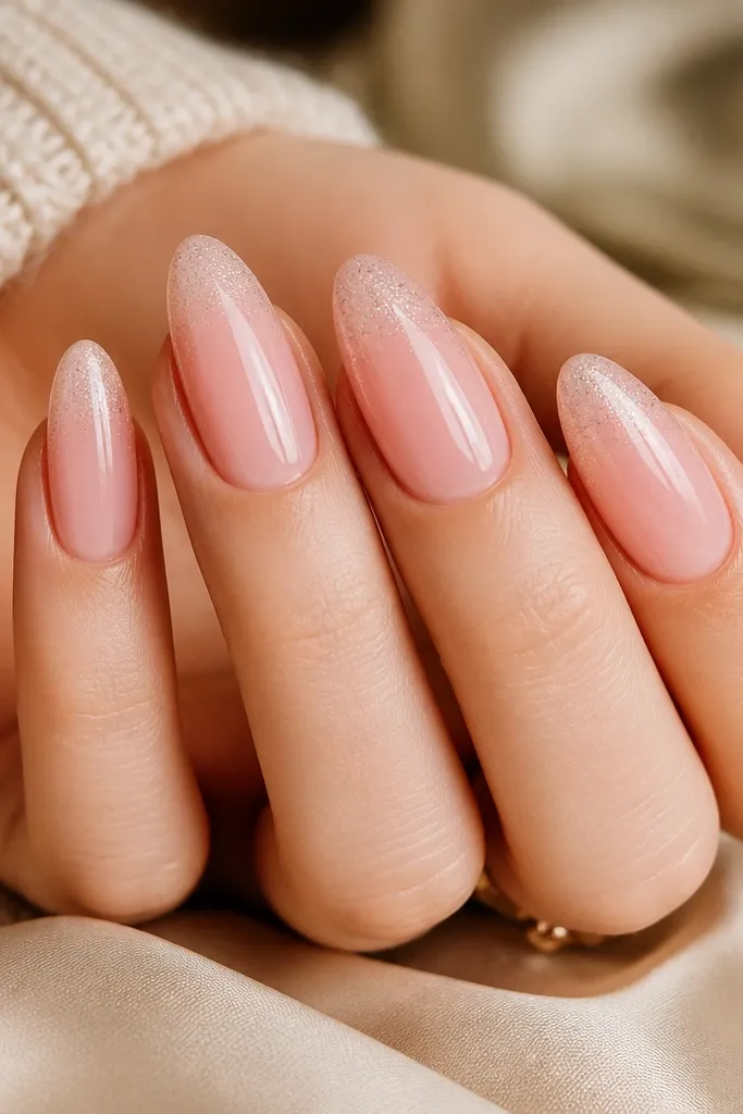 Nails in soft pink with a smooth ombre fade at the tips. The tips start with a denser micro-glitter band and fade into bare soft pink toward the center, with a glassy shine.