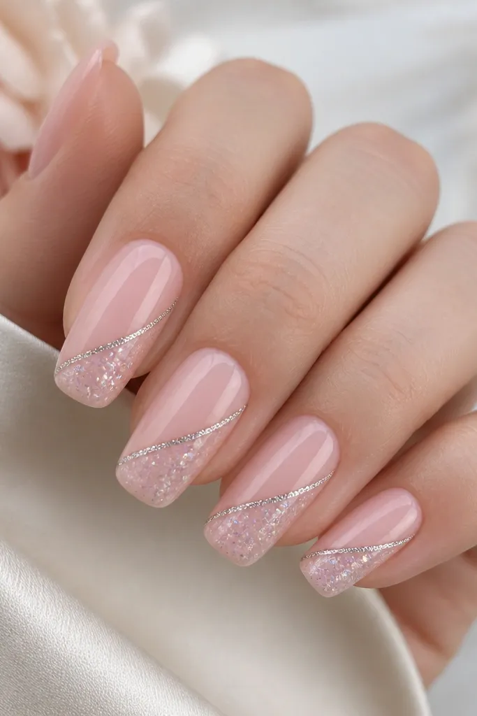 Long squoval nails in soft pink. A diagonal panel runs from mid-nail to the tip, outlined with thin silver glitter lines and filled with translucent pale pink and tiny holographic specks.