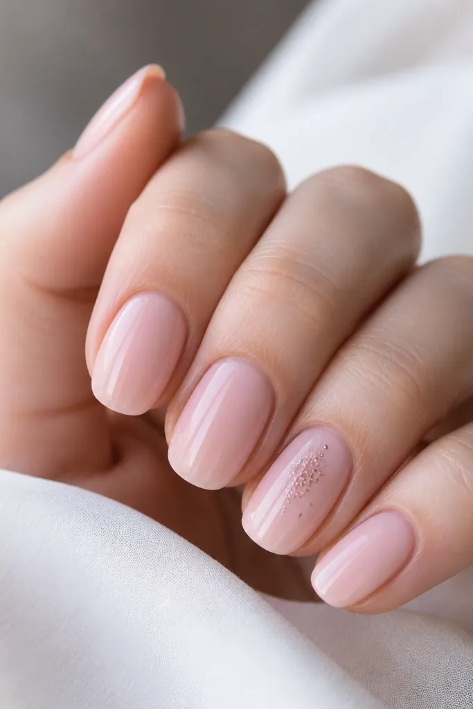 Soft pink nails with a glossy finish. Four nails are plain sheer blush; one accent nail has a cluster of tiny micro-glitter dots near the center and one dot closer to the tip.