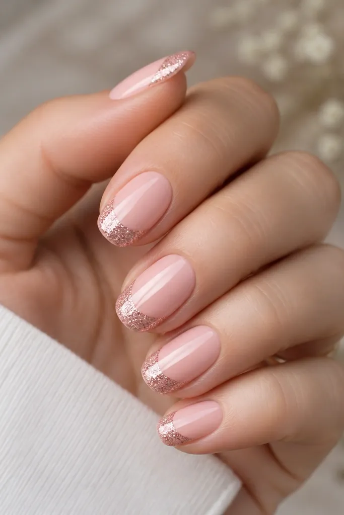 Medium nails in soft pink. At the tip, glitter forms a half-cap shape that covers the top half of the nail edge, leaving the underside soft pink, with a mirror shine.