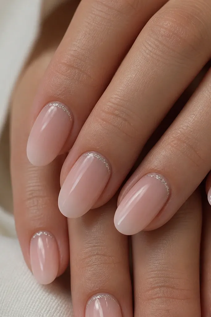 Nails with a nude-to-soft-pink gradient from the cuticle outward. A thin glitter frame hugs the cuticle line in fine silver micro-glitter, like a delicate halo.