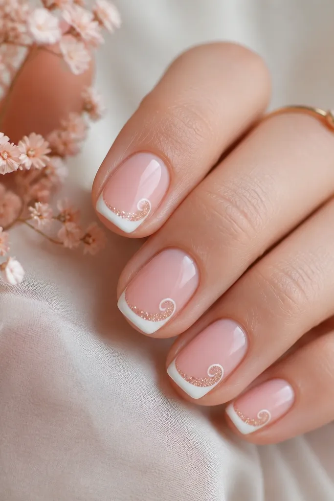 Soft pink nails with a classic French tip line, but the tip line curls into a gentle swirl toward the side. Glitter is concentrated in the swirl path in fine rose-gold micro-glitter.