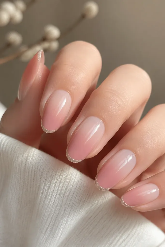 Nails with a soft pink ombre from sheer at the cuticle to slightly deeper blush at the tip. A silver micro-glitter cap sits right at the very end, like a thin frosting layer.