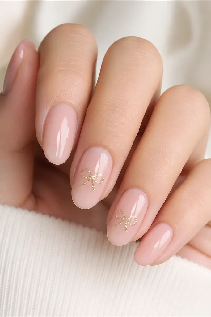 Soft pink nails with a glossy finish. Two accent nails show a small bow shape near the center made from fine gold micro-glitter, with clean negative space around it.