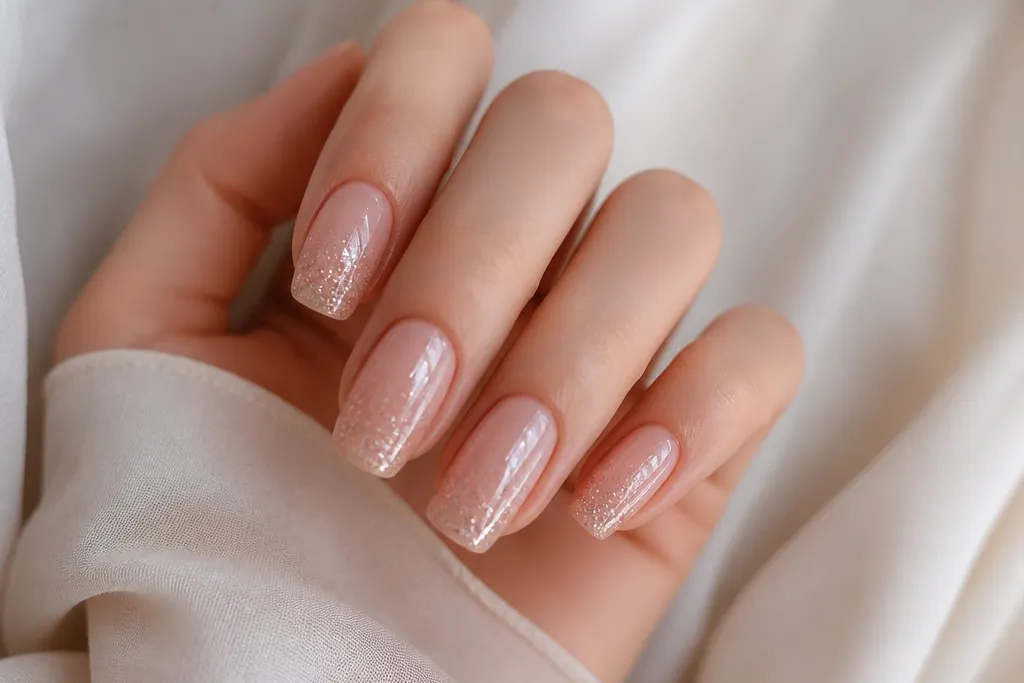 Aesthetic soft pink nails with glitter that look expensive