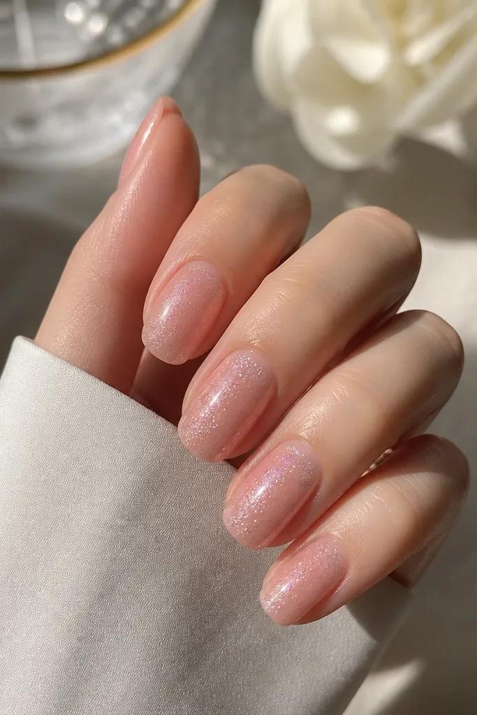 Aesthetic soft pink nails with glitter that look expensive