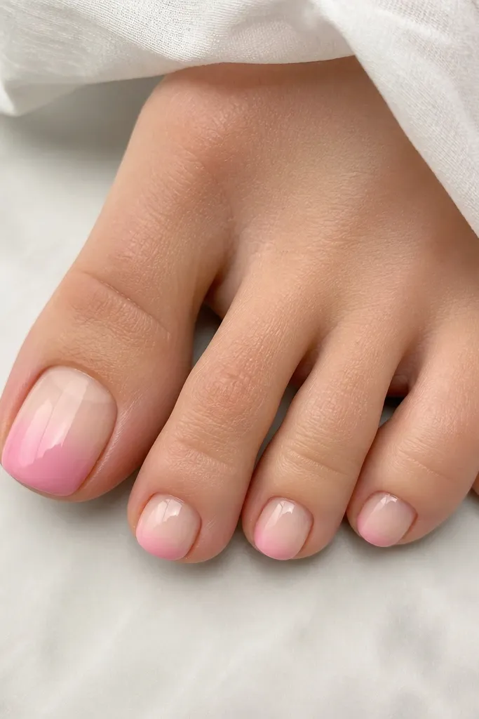 Big and second toes show a soft pink ombré that fades smoothly until it blends into bare nail near the cuticle. The rest of each nail stays natural at the top, with a gentle pink glow toward the tip.
