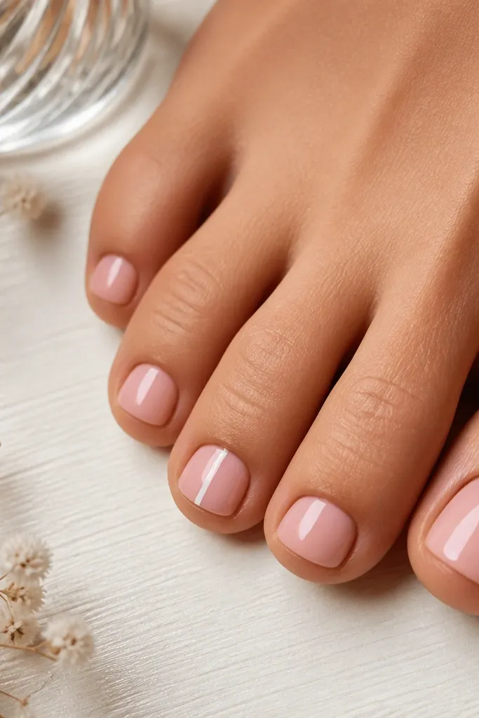 Toenails are glossy soft pink. On the second toe, there's a thin vertical stripe along one sidewall, starting about 2 mm from the cuticle and stopping before the tip.