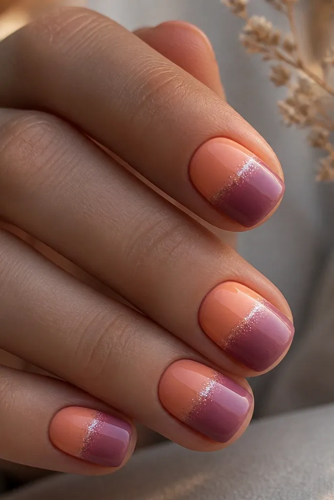 Short square nails with a thin curved horizon line across each nail. Above it is peach and orange, below it is a smoky gradient of warm pink into plum, with fine glitter concentrated around the horizon like haze.