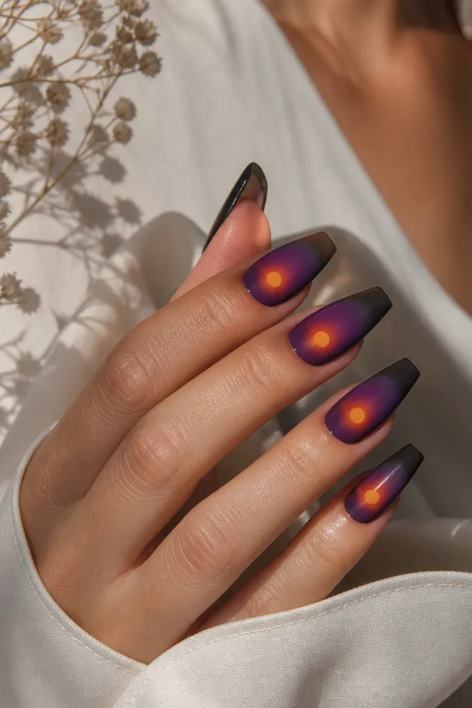 Medium coffin nails with a deep purple base fading into black at the tip. A bright orange circle sits near the center of each nail, with a soft glow around it like a sun through haze.