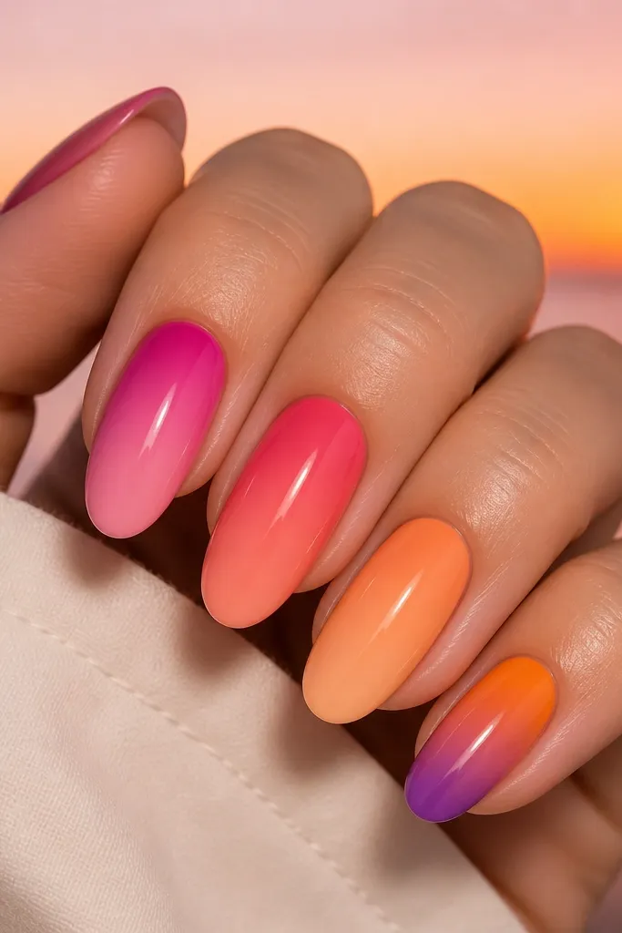 Five nails each in a different sunset gradient: one magenta to pink, one pink to coral, one coral to peach, one peach to orange, one orange to violet. The nails still look coordinated with matching fade direction and glossy finish.