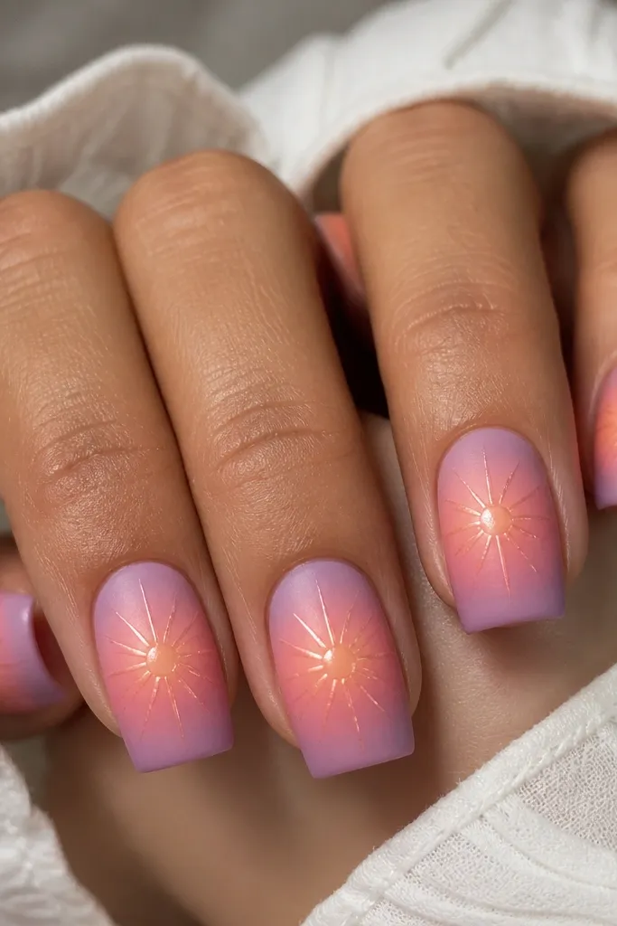 Square nails with a matte gradient sky - peach to mauve. Each nail has a glossy sun area and thin glossy rays streaking outward, like a small burst in the center.