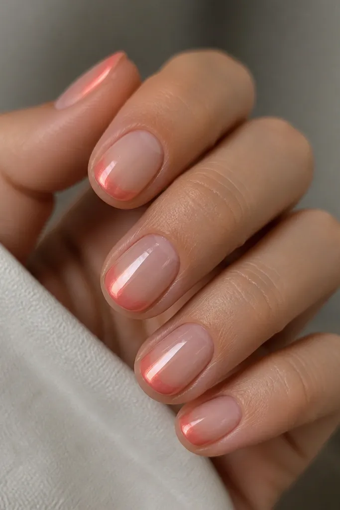 Short oval nails on a nude sheer base. A thin curved rim near the tip is made with warm orange-pink chrome, blending into the nude with a soft halo.
