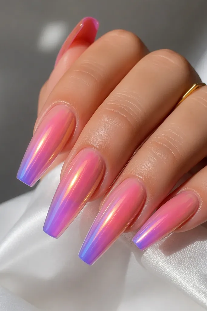 Coffin nails with a gradient from coral to purple, but the top layer has a thin iridescent holographic overlay that shifts pink, gold, and violet as the light moves.