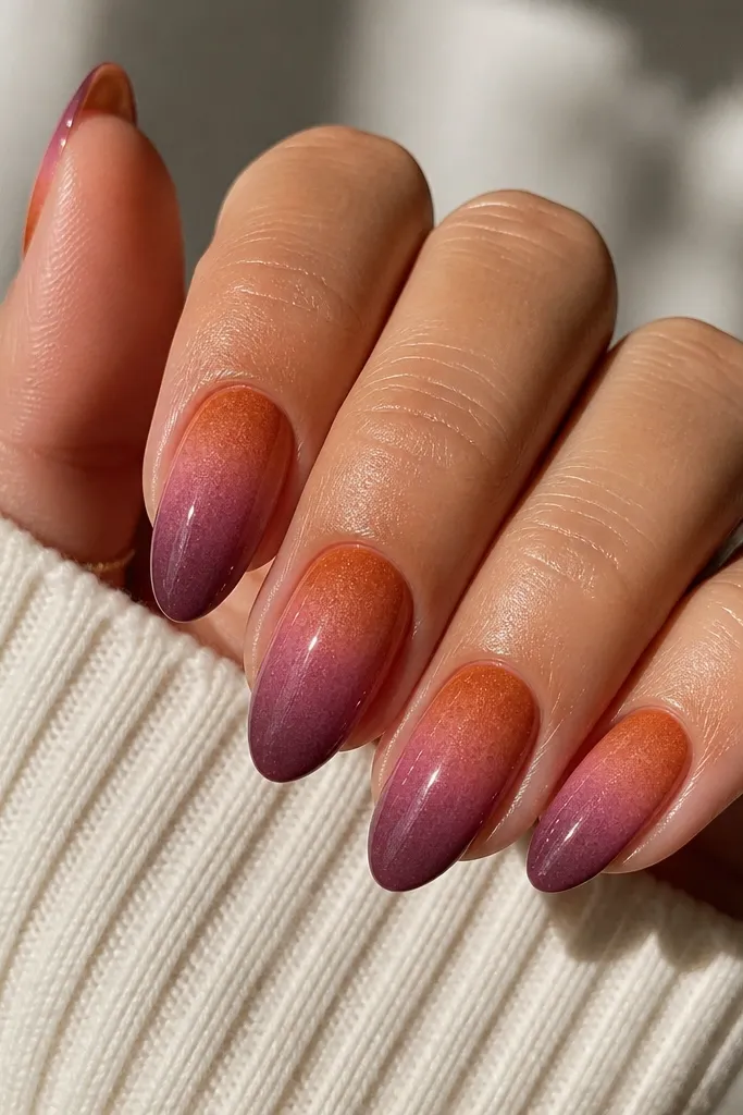 Medium almond nails with a slightly speckled, sponge-blended sunset. The top portion is burnt sienna orange, fading into pink and then into a smoky plum tip. The surface is glossy.