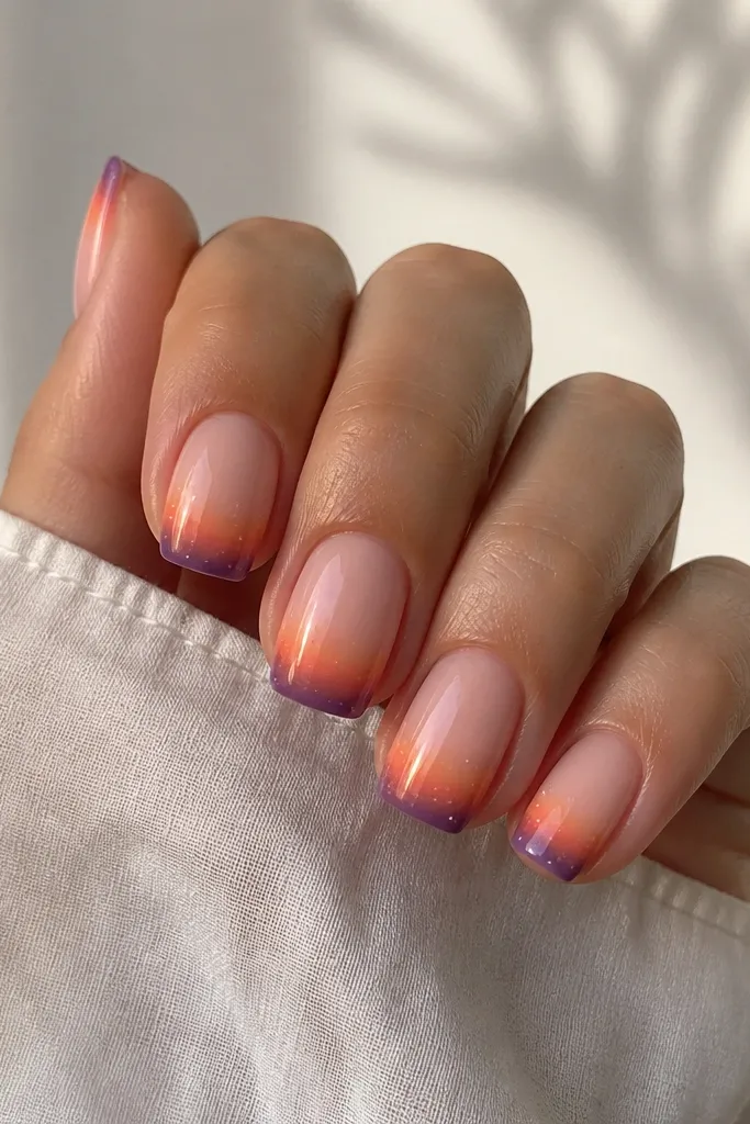 Short square nails with a classic French tip shape. Instead of white tips, the tip area is a sunset ombre from orange to purple. Tiny star dots are scattered sparingly across the upper gradient.
