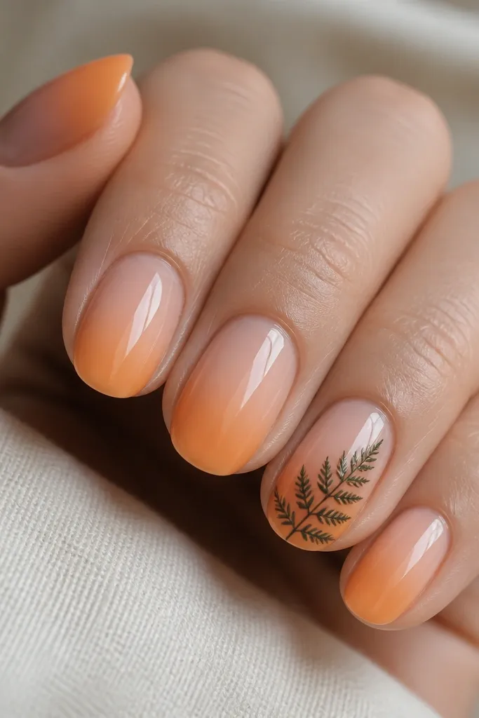Close-up of short almond nails. Tips fade from sheer peach into orange with a soft gradient. On the ring finger tip is a small deep-green fern drawn with thin lines; other nails have only the sunset gradient. Everything is glossy and clean.