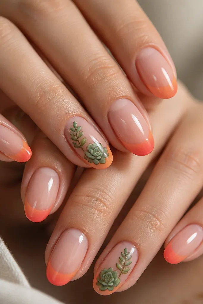 Medium oval nails with a coral and soft orange ombre French tip. On two nails, there are two tiny succulents - one round rosette and one slightly elongated - in muted green and olive. Thin white highlight lines sit on the succulents.