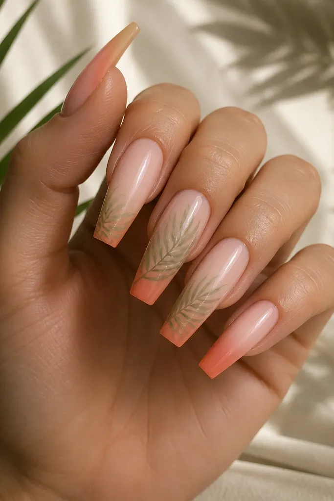Long coffin nails. French tips fade from milky peach into rust-orange and soft pink at the edge. On three nails, there's a translucent palm leaf painted like watercolor - pale green with lighter streaks. The leaves look airy and slightly faded.