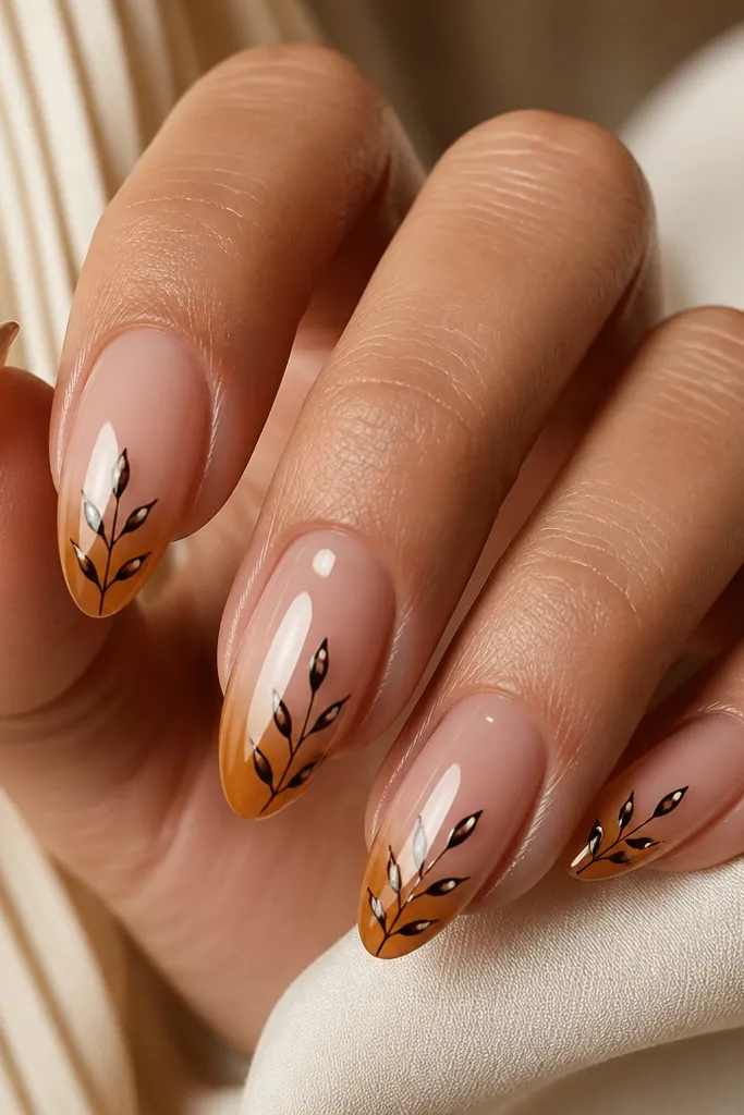 Glossier-than-gloss medium almond nails. Tips are a warm gradient from nude peach to golden orange. On the tips are small silhouette plants in near-black - thin stems and leaf shapes. There's a tiny dot of white on each leaf edge like a highlight.